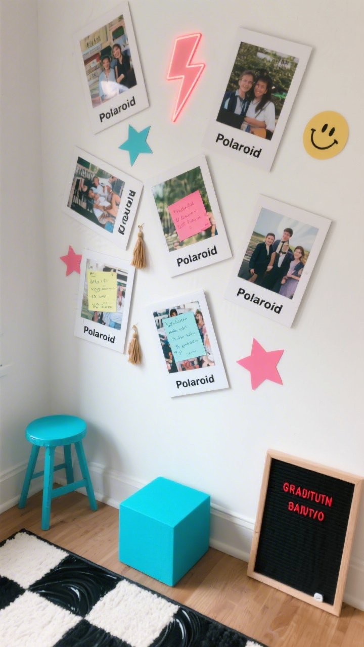 Photorealistic overhead detail shot: a portion of a white wall covered in DIY oversized “Polaroid” frames made from foam core, staggered at playful angles; within the frames, candid prints, handwritten notes from friends, and tiny tassels; accents of neon cardstock paper shapes—stars, lightning bolts, and smiley faces—scattered between frames; below edge of frame peeks a black-and-white vinyl checkerboard rug; a bright pop of electric blue shown via a small cube stool corner; a retro letter board reading the graduate’s name in red; crisp, high-contrast lighting to emphasize graphic nostalgia.