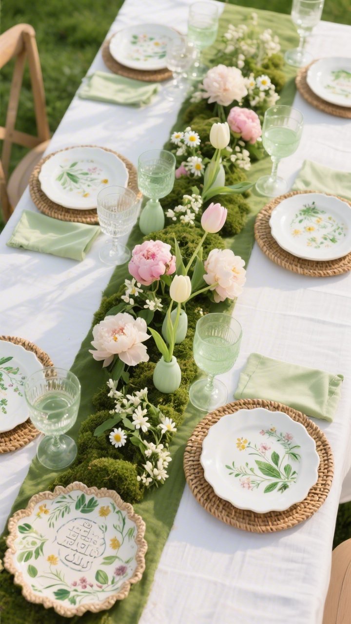 Photorealistic overhead detail shot capturing Garden Party in Bloom: a moss-green runner on white tablecloth, white dinner plates topped with botanical-print salad plates, rattan chargers peeking underneath. Mixed glassware—clear water goblets and pale green wine glasses—catch soft daylight. A lush, low meadow of peonies, tulips, chamomile, and trailing jasmine runs down the center; petite bud vases by each setting hold a single stem as a favor. Include scalloped-edge napkins and a glimpse of a ceramic Seder plate painted with delicate wildflowers. Palette of moss, blush, cream, and leaf green; bright, fresh mood.