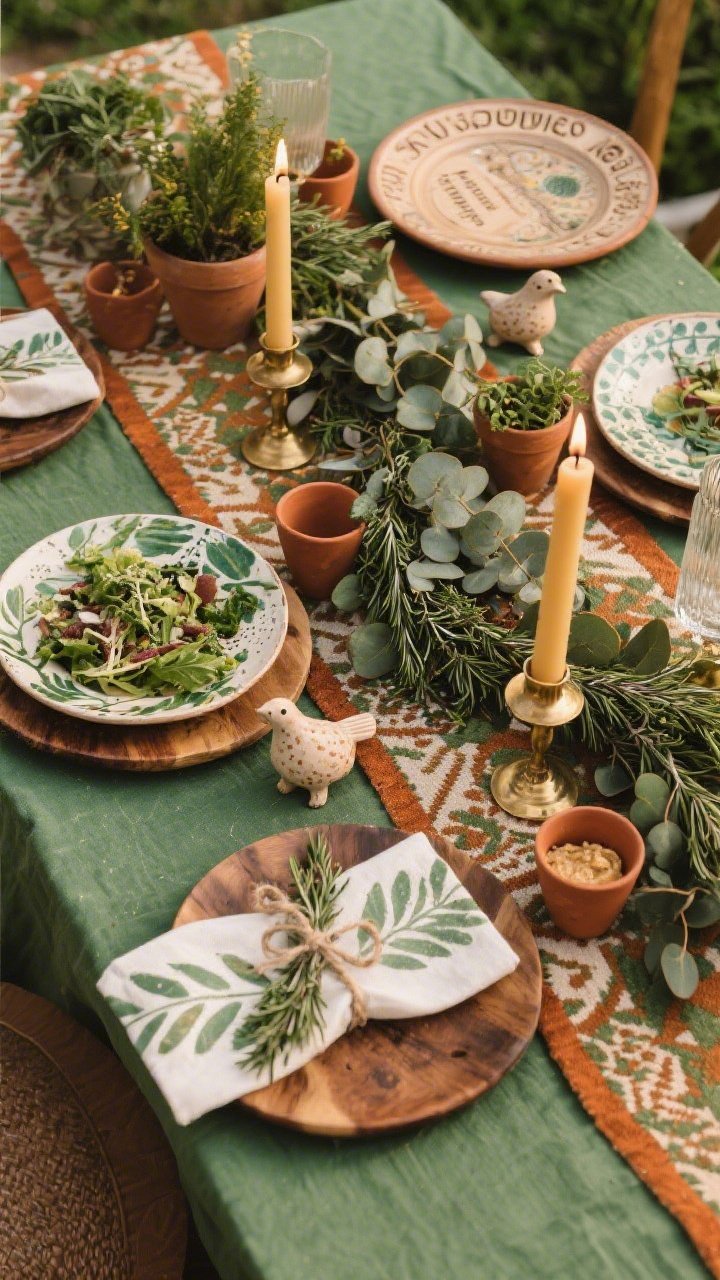 Photorealistic overhead detail shot of a Botanical Boho table focusing on earthy layers: moss-green tablecloth with a patterned runner in terracotta, olive, and cream; mix-and-match ceramics—speckled dinner plates, hand-painted leafy salad plates—on wood chargers. Hand-thrown pottery Seder plate with etched labels. A living garland of eucalyptus, rosemary, and potted herbs meanders through beeswax tapers in brass and vintage glass holders. Block-printed cotton napkins tied with twine and fresh sprigs, tiny ceramic birds, and mini terracotta cups for charoset. Lush, tactile, garden-party vibe, soft natural light, no people.