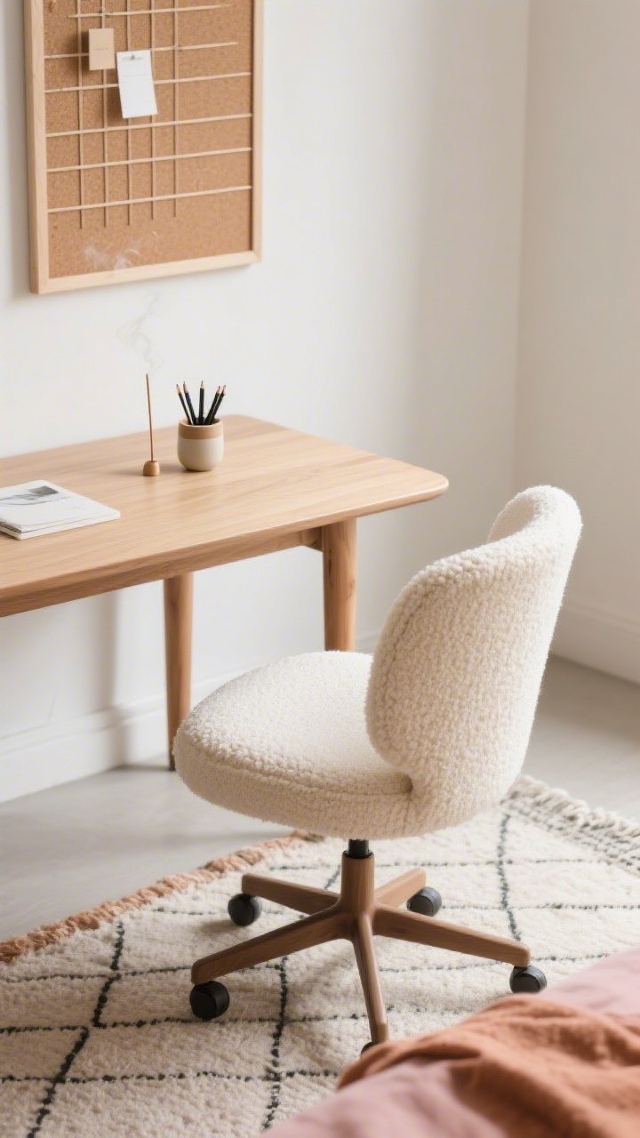 Photorealistic overhead detail shot of a calm, creative home office desktop vignette: slender oak desk surface with round legs partially visible; a cream bouclé swivel chair edge in frame; a small ceramic cup holding pens, a minimal incense holder with a faint wisp of smoke; corner of a pale-wood framed cork grid mood board on the wall in the background; flat-woven rug with subtle geometric lines peeking below; hints of terra and blush textiles layered on the chair back; soft, even daylight.