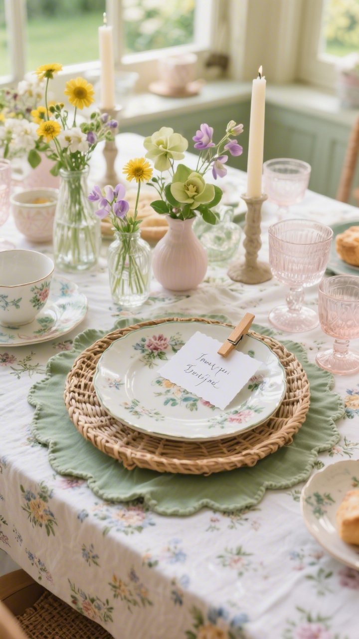 Photorealistic overhead detail shot of a cottagecore garden brunch place setting: micro-floral tablecloth, scalloped-edge sage placemat, mix-and-match vintage floral china layered on a woven rattan charger; handwritten place card clipped with a tiny wooden clothespin; surrounding details show clustered bud vases with buttercups, sweet peas, and hellebores, pastel glassware, and mismatched-height candlesticks; soft morning light in a cozy sunroom vibe; no people.