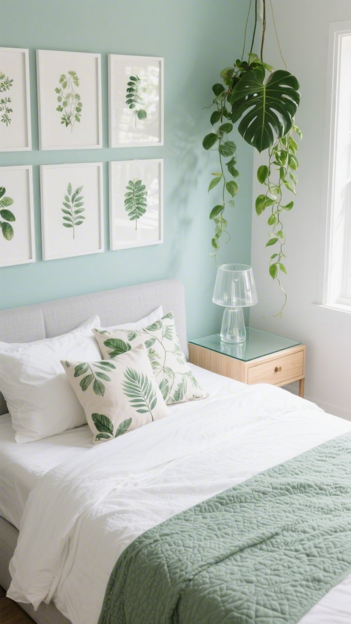 Photorealistic overhead/detail shot of a Fresh Botanical Gallery setup: crisp white percale sheets and a sage matelassé coverlet on a simple pale gray upholstered bed corner; soft mint/eucalyptus wall color visible with a precise grid of botanical prints in slim white frames; leafy-print pillows mixed with solid linen cushions; glass-top nightstand holding a clear glass lamp that nearly disappears; a trailing pothos draping from above and a tall fiddle-leaf fig base partially included; light birch dresser edge in frame; airy, vibrant, plant-forward mood with bright natural light.