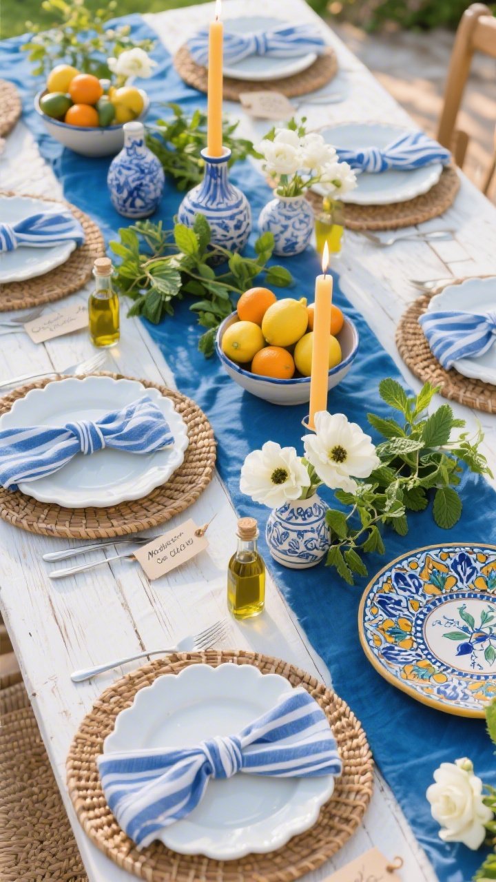 Photorealistic overhead detail shot of a “Mediterranean Garden Glow” tablescape segment: a whitewashed wood runner over a sky-blue cloth, white scalloped plates atop woven rattan chargers, blue-striped napkins knotted casually. Bowls of lemons and kumquats nestled with trailing ivy and mint, blue-and-white ceramic vases holding simple white blooms (anemones or garden roses). Beeswax tapers lit for a soft saffron glow. Mini olive oil bottles as place favors with handwritten tags. Painted Talavera/Iznik-inspired Seder plate peeking into frame. Bright, sun-kissed, herb-scented feel.