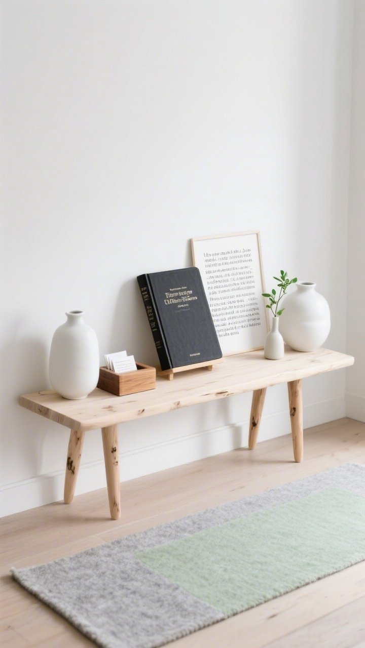 Photorealistic overhead detail shot of a minimal Scandinavian scripture shelf: pale birch shelf against a white wall; closed Bible centered on a low-profile oak stand; symmetrical white matte ceramic vases on either side; small maple box for devotion cards; tiny bud vase with a single green sprig; subtle black-and-white sans-serif verse print leaning nearby; pale gray felt runner beneath; palette white, light oak, soft green, graphite; textures smooth wood, matte ceramic, cotton felt; bright diffuse daylight, no people