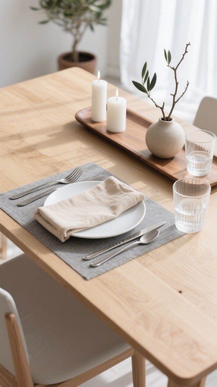 Photorealistic overhead detail shot of a sleek Scandinavian place setting: blonde ash extendable table surface with stone-gray placemat, matte white plate, and sand-colored linen napkin folded in a precise rectangle. Brushed stainless flatware aligned neatly; delicate clear glass tumbler at top right. A long oak tray runs parallel with white pillar candles and a single sculptural branch in a simple ceramic vase partially in frame. Bright, airy daylight; soft shadows; hint of sheer white curtains and a small potted olive tree blurred in background.