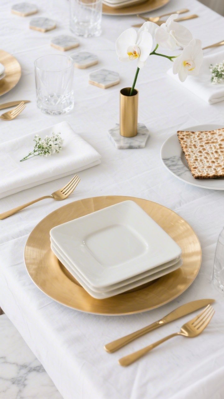 Photorealistic overhead flat lay of a minimalist geometric table setting: bright white cotton tablecloth, circular satin-gold charger with a square ivory plate stacked on top, polished gold flatware with crisp edges aligned precisely. Marble-and-brass geometric coasters beneath clear glassware, a slender gold tube vase with a single white orchid stem repeated in a clean linear rhythm, white napkins folded into narrow rectangles topped with a tiny sprig of baby’s breath. A pared-back matte porcelain platter with a beveled rim as a simple matzah plate nearby. Even, bright lighting emphasizing sharp lines and soft gray veining; no people.
