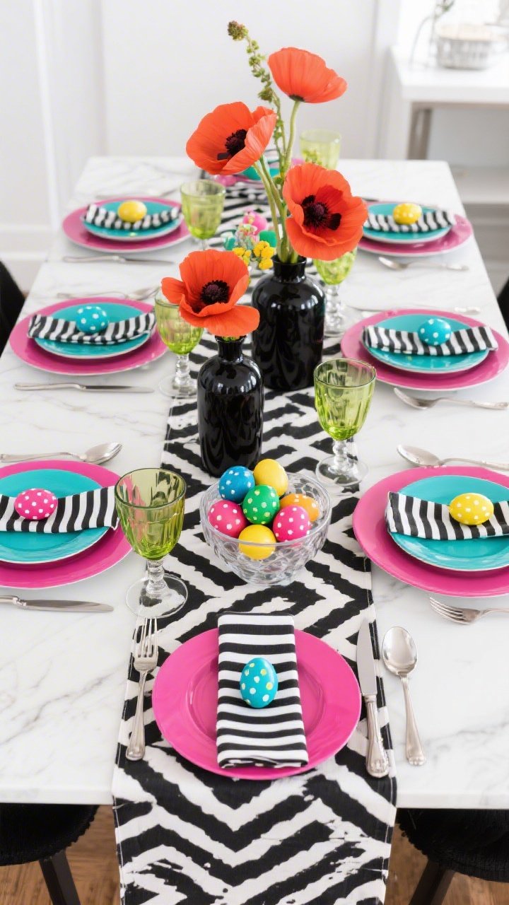 Photorealistic overhead medium shot of a bold, graphic Easter tablescape: a high-contrast black-and-white patterned runner; fuchsia dinner plates stacked with turquoise salad plates; colored glass goblets, polished silver flatware; centerline features oversized poppy bouquets in glossy black vases and neon-tinted egg clusters in clear acrylic bowls; striped and polka-dot napkins with a mini painted egg atop each place setting; crisp, well-lit contemporary setting; no people.