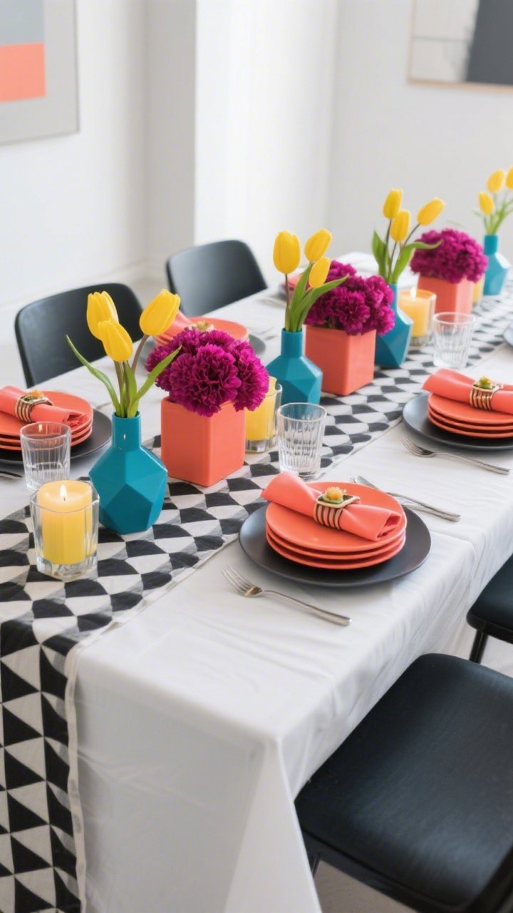 Photorealistic overhead medium shot of “Contemporary Color Pop With Geometric Flair”: crisp white tablecloth with a bold black-and-white grid runner, matte charcoal porcelain dinner plates stacked with neon-coral appetizer plates for a vivid jolt. Low rectangular vases filled with tight monochrome blooms—either all-yellow tulips or all-magenta carnations—arranged in rows. Geometric candleholders in powder-coated cobalt, coral, and lemon with lit candles. Clear angular glassware—square-base tumblers and stemless wine glasses. Color-blocked napkins with graphic napkin rings. Bright, gallery-like lighting for a crisp, design-forward look.