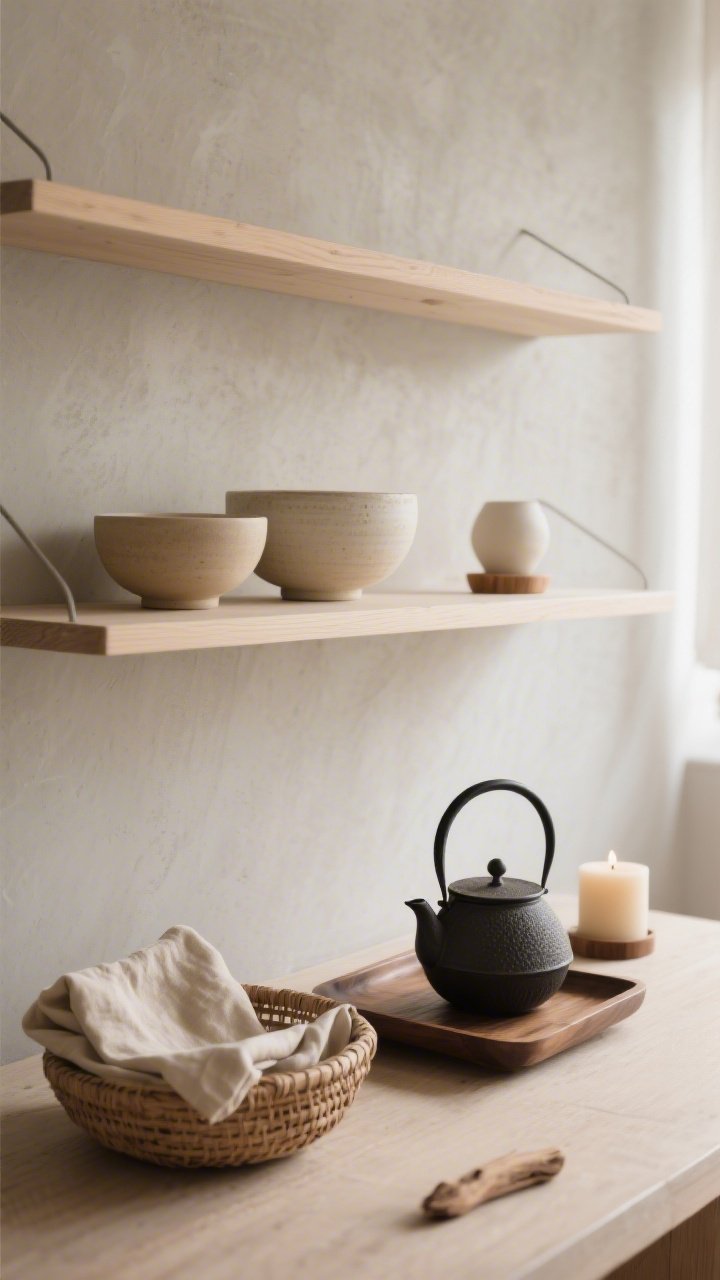 Photorealistic serene detail shot of Japandi calm: pale ash floating shelves on a greige microcement wall, slender profiles with softly rounded edges; minimal curation—stoneware bowls in sand and ecru, a carbonized wood tray for deep contrast, cast-iron tea pot as a quiet focal piece; small items corralled in a low rattan basket; crinkled linen napkins in oat and driftwood tones folded neatly; an unlit cedar/hinoki candle present; soft natural side light enhancing grain, microcement texture, and gentle curves; negative space breathing