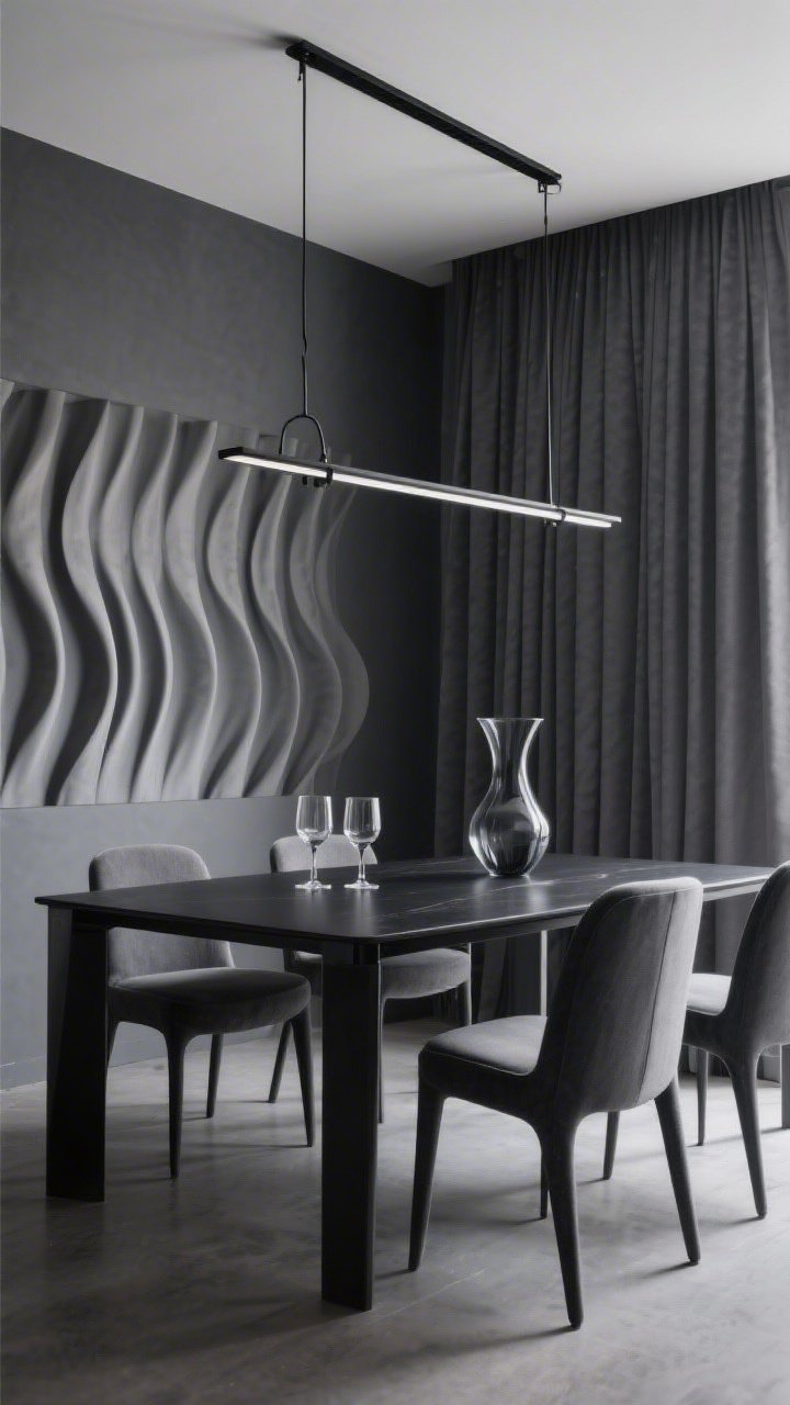 Photorealistic straight-on medium shot of a minimalist monochrome dining room: graphite ripple-fold curtains hanging in perfect waves from a ceiling-mounted track, set against charcoal walls; a slim black dining table with sculptural upholstered chairs; a modern linear chandelier in blackened steel above; smoky glassware and a single architectural vase as the only table accents; palette of charcoal, black, and smoked glass; controlled, gallery-like lighting with soft shadows emphasizing the ripple folds, no people