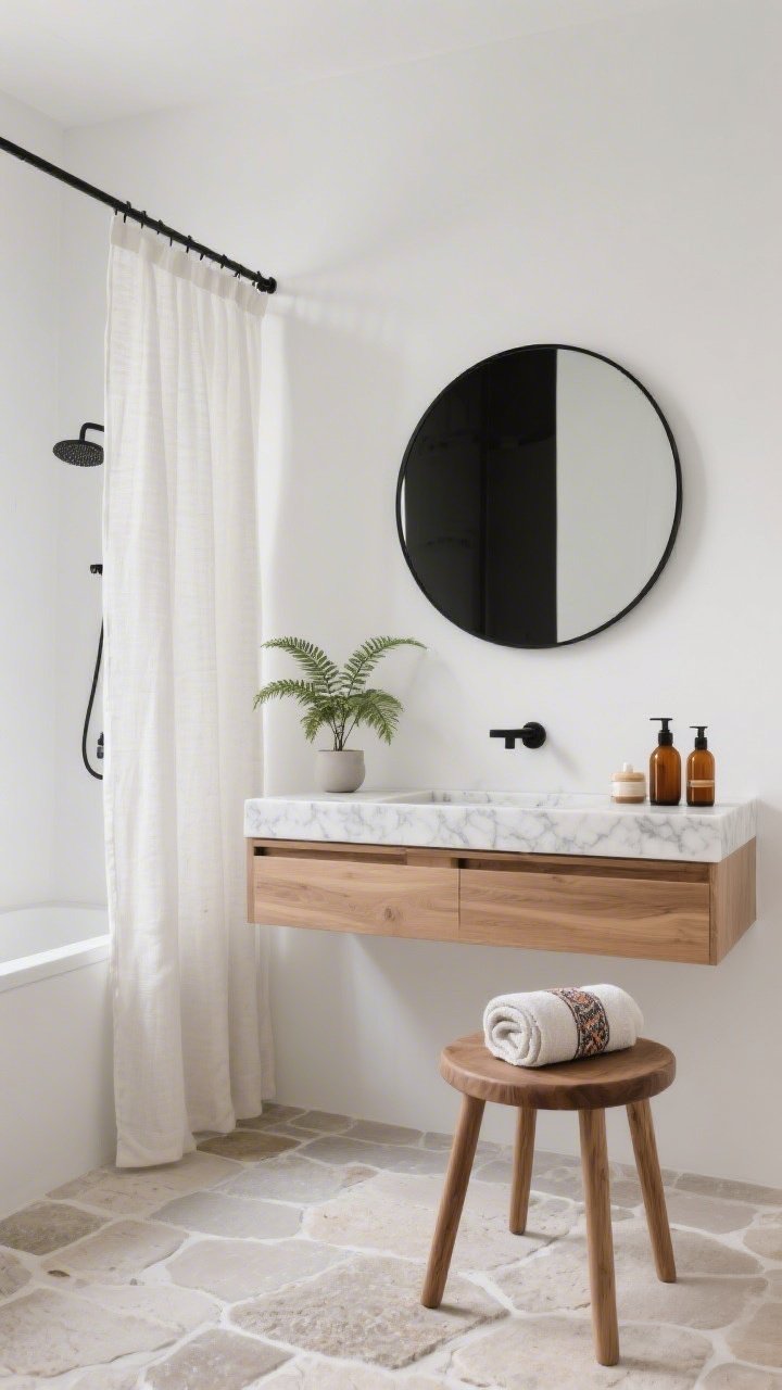 Photorealistic straight-on medium shot of a minimal bathroom spa: matte white walls, floating oak vanity with integrated handles, softly veined quartz countertop, and a thin-rim black round mirror providing a quiet graphic pop; tumbled limestone tile floor; linen shower curtain draping to the floor; a small teak stool holding rolled Turkish towels; a tiny potted fern on the vanity; amber glass bottles for soaps and oils; palette of white, pale stone, oak, and soft black accents; clean, diffuse natural light.