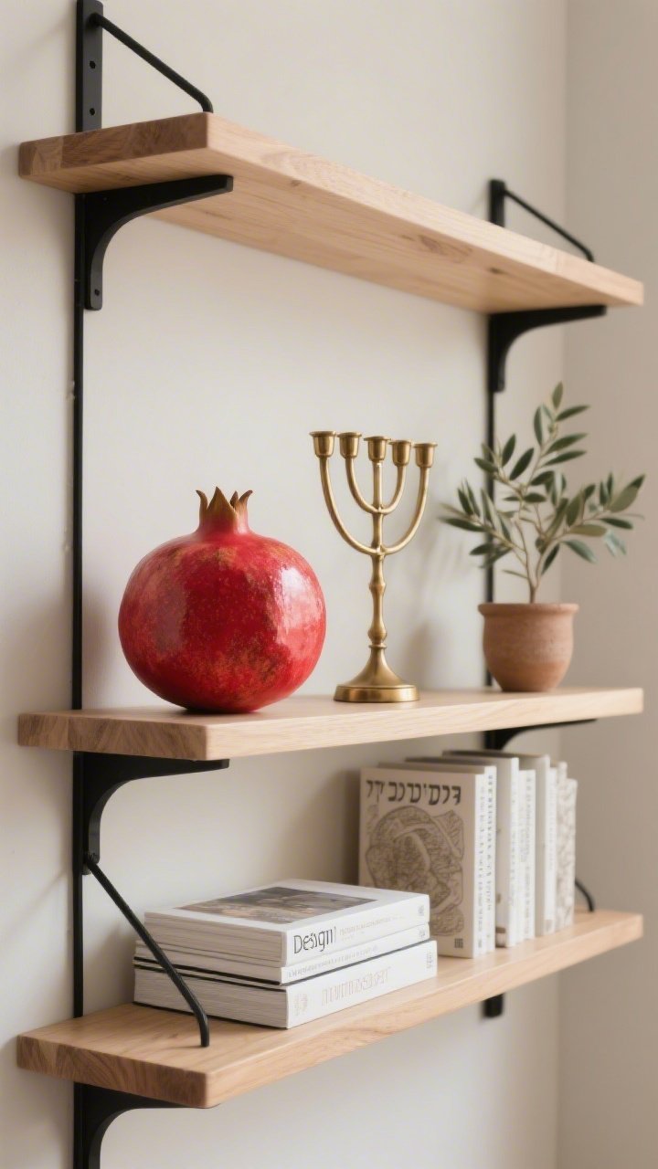 Photorealistic straight-on medium shot of a modern shelfscape: matte-black brackets supporting light oak open shelves against a neutral wall. Minimal, gallery-like arrangement with a single large deep-crimson ceramic pomegranate as the bold focal point, a slim brass menorah echoing warm metallic tones, stacks of coffee table books on design and Jewish art, and serene white and stoneware neutrals to balance the red. A petite olive or myrtle plant in a clay pot adds a natural touch. Palette: oak, black, cream, with one striking red accent per shelf. Clean lines, calm and intentional mood. Soft diffuse daylight, no people.
