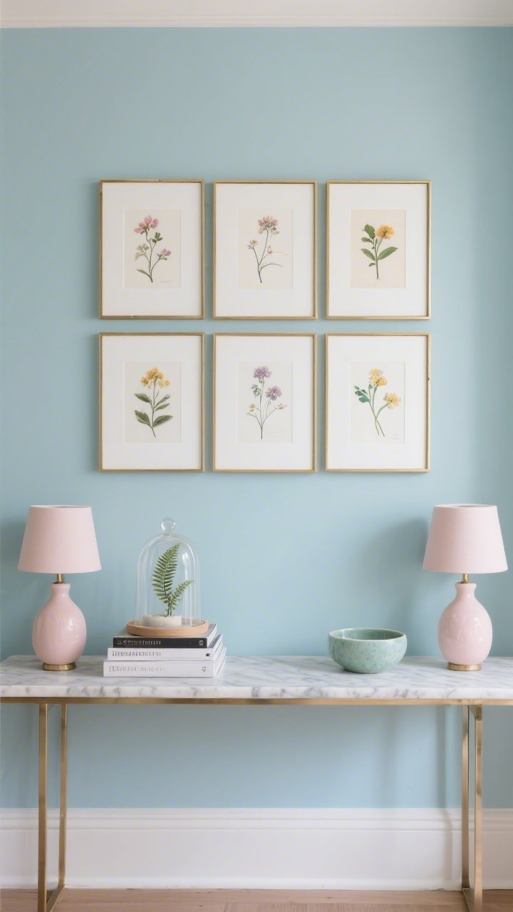 Photorealistic straight-on medium shot of a pastel gallery grid: a pale robin’s-egg blue wall featuring a tight 3x3 grid of botanical prints—pressed flowers, line drawings, and watercolor stems—in thin brass frames with wide white mats; below, a narrow marble-top console supports a pair of blush ceramic table lamps; styled with a stack of art books, a petite glass cloche encasing a small fern, and a celadon-glazed trinket bowl; textures of marble, glazed ceramic, and smooth metal visible; balanced, softly lit scene, no people.