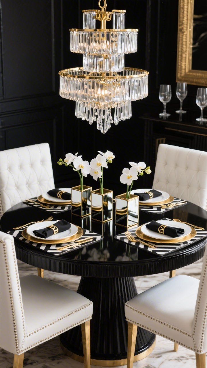 Photorealistic straight-on medium shot of an Art-Deco glam dining vignette: black lacquer table with fluted edges paired with white channel-tufted chairs on brass frames. Table styled with black-and-white chevron placemats, white plates set on octagonal brass chargers, gold flatware, and crisp black linen napkins with geometric napkin rings. Center trio of mirrored box vases holding white orchids reflects light. Above, a tiered glass-and-brass chandelier sparkles; coupe glasses await on the table. High-contrast, polished look, no people.