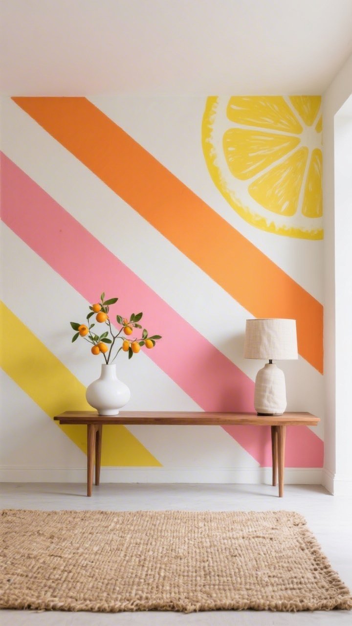 Photorealistic straight-on wide shot of a modern studio wall with bold citrus diagonal stripes: lemon, tangerine, and grapefruit pink bands separated by creamy white gaps, each stripe edged with a faint painted shadow line for dimensionality; minimal furnishings include a low oak console, a single sculptural white vase holding a branch of kumquats, and a linen-wrapped table lamp; on the floor, a flatweave jute rug grounds the space; textures of jute, linen, and smooth matte paint are crisp; bright daylight, clean composition, no people.