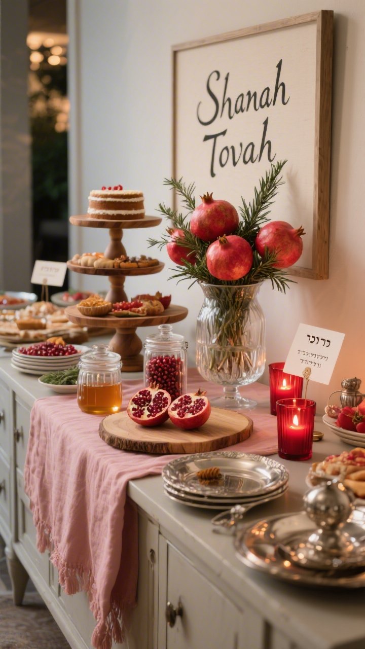 Photorealistic wide buffet shot for Rosh Hashanah: a sideboard styled as a festive holiday spread. Soft pomegranate-blush linen runner, tiered cake stands and wooden cutting boards layered at different heights to create abundance. Labeled clear glass jars for pomegranate seeds, honey, and spice blends. Vintage silver serving pieces for heirloom character. Small card signs with Hebrew blessings tucked beside dishes. Centerpiece: a clear glass vase filled with whole pomegranates and rosemary. Red glass votives with low tea lights casting warm glow. A framed “Shanah Tovah” in calligraphy leaning against the wall. Generous, photogenic, evening ambiance, no people.