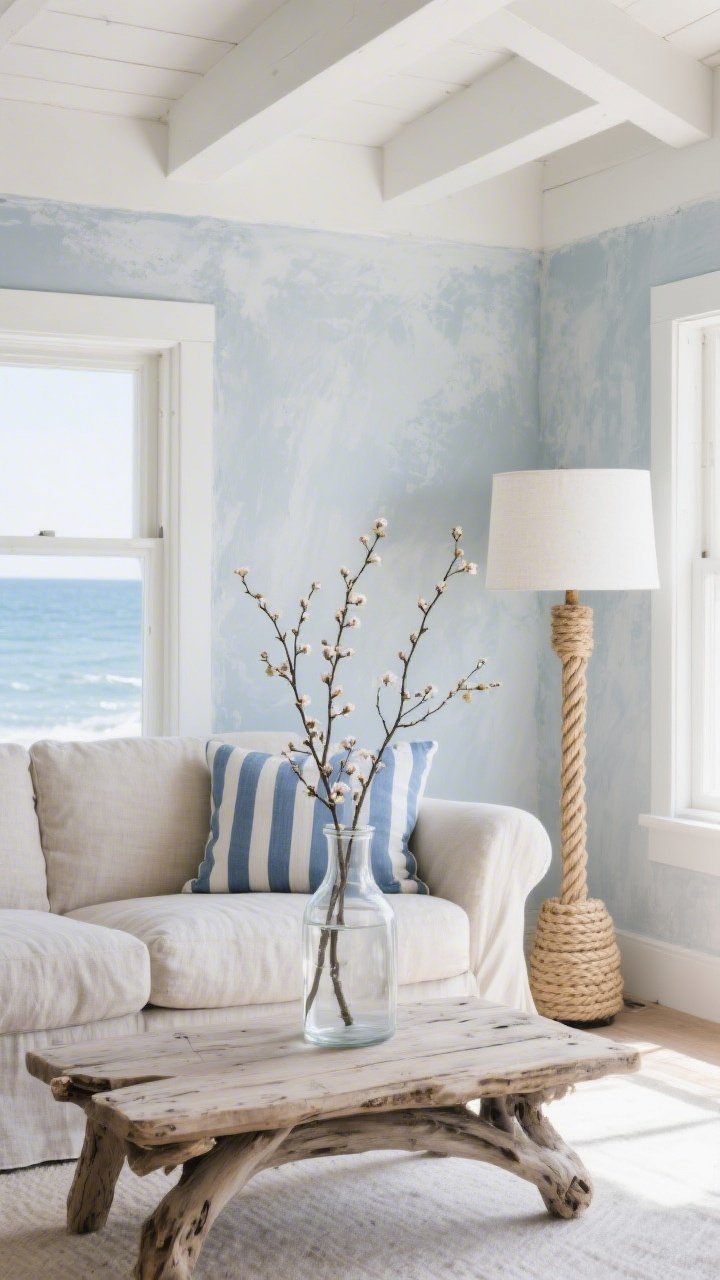 Photorealistic wide coastal living vignette: a limewashed wall in cloudy blue-gray with soft tonal movement, framed by crisp whitewashed beams/trim; a natural-linen loveseat facing a driftwood coffee table; a rope-wrapped floor lamp to one side; striped pillows in coastal blue on the loveseat; a clear glass jug vase on the table holding tall budding branches (dogwood or cherry); textures of limewash, linen, rope, raw wood, and glass are tactile; bright, airy daylight evoking sea breeze; shot from a corner angle to show depth, no people.
