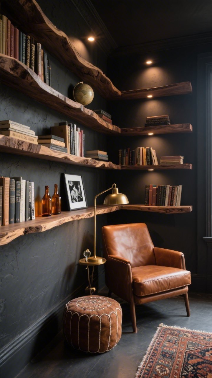 Photorealistic wide corner shot, moody library nook: floor-to-ceiling live-edge walnut shelves in staggered widths hugging a charcoal plaster wall; warm pin spot lighting grazing the raw wood edges; cognac leather club chair, brass pharmacy lamp, low kilim ottoman; shelves styled with mixed books, amber glass bottles, a vintage globe, and casually leaned framed black-and-white photos; palette charcoal, walnut, brass, cognac; atmosphere of old-world study meets modern glow; captured from a low corner angle to highlight height and drama.
