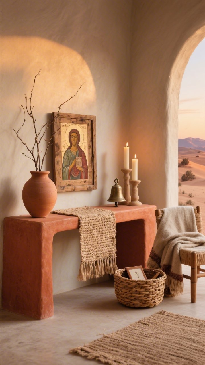 Photorealistic wide corner shot of a desert-inspired altar on a terracotta-toned console table with a woven jute runner; clay amphora vase left empty or with a few bare twigs; warm, grounded colors of terracotta, ochre, rust, and bone; soft pillar candlelight in sand-colored holders or raw clay stands; a small desert icon print or framed Scripture in weathered wood propped on the console; a handbell or small chime placed neatly; nearby a wool throw draped over a chair and a woven basket holding devotionals; sun-warmed, contemplative dusk ambiance.