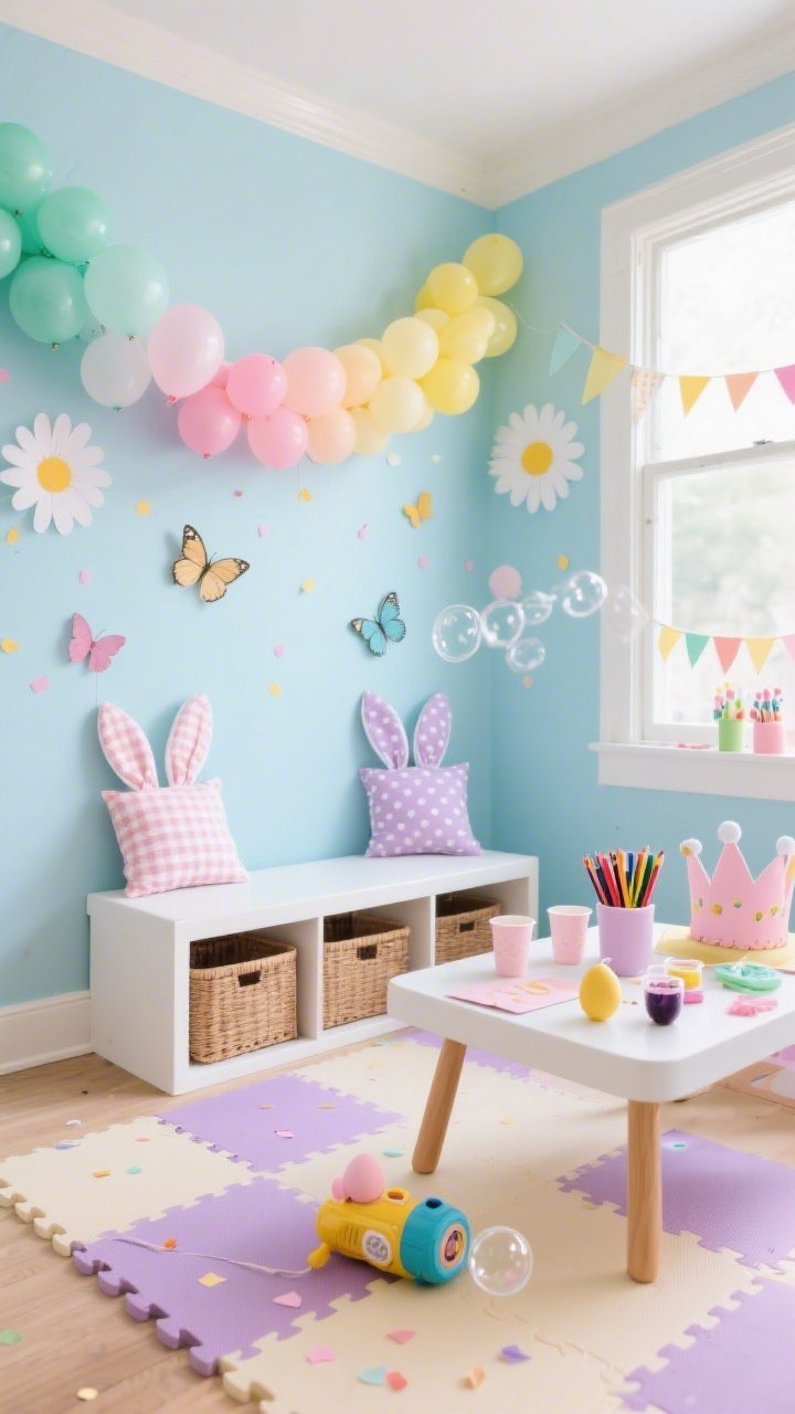 Photorealistic wide corner shot of a playful kids’ party setup, straight-on: pale sky-blue wall with removable pastel balloon garlands in ombré from mint to blush to butter yellow; paper daisies and butterflies scattered like confetti on the wall; soft foam play mat in lavender and cream tiles; low white bench with baskets underneath, topped with bunny-ear pillows in gingham and polka dots; a mini craft table set with cups of crayons, egg-dye kits, and pastel paper crowns; handheld bubble machine on the floor ready to go; bright, even lighting for energetic, candy-colored atmosphere.