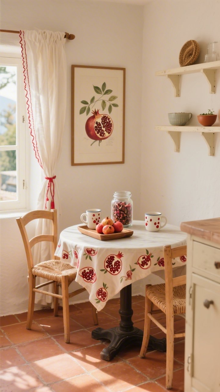 Photorealistic wide corner shot of a sunlit Mediterranean kitchen nook: terracotta tile floor, warm ivory-painted walls, a small round bistro table with a pomegranate-patterned runner, two woven rush chairs, and open shelving above. On the wall above the table, a framed pomegranate botanical print. On the tabletop: a wooden tray with a glass jar of dried pomegranate arils, two hand-painted mugs with tiny red seed motifs, and a small bowl of fresh pomegranates as “living décor.” Cotton cafe curtains with subtle red stitching filtering bright morning light; easy coastal vibe, airy and welcoming. No people.