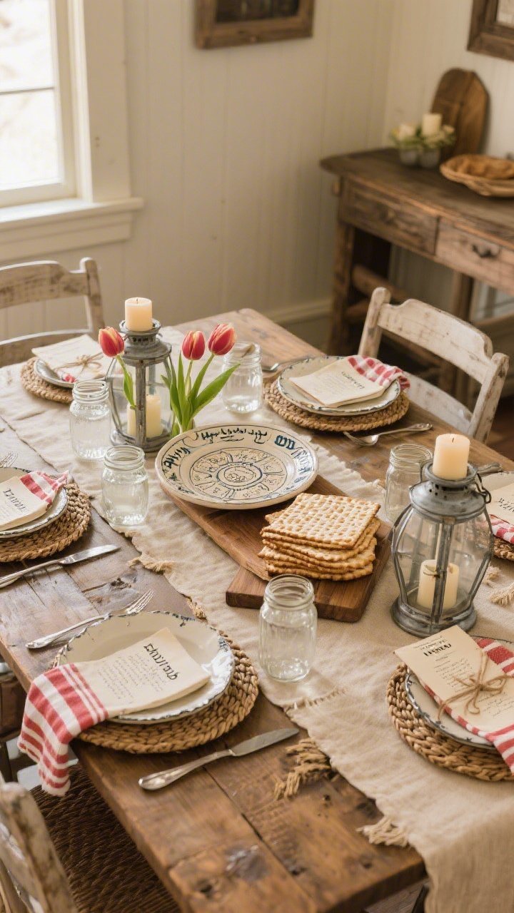 Photorealistic wide, cozy farmhouse dining-room shot taken from a corner angle: natural oatmeal table runner on a wooden table with visible grain, cream ironstone dishes, mason jars for water. Heirloom-style ceramic Seder plate with hand-painted labels as the focal point. Centerpiece: loaves of homemade matzo on wooden boards flanked by tulips. Red-and-cream ticking stripe napkins in galvanized rings, short pillar candles in rustic lanterns. Layered details: woven chargers, vintage silverware, and hand-written Haggadot tied with twine. Warm, homey lighting, sincere rustic mood, no people.