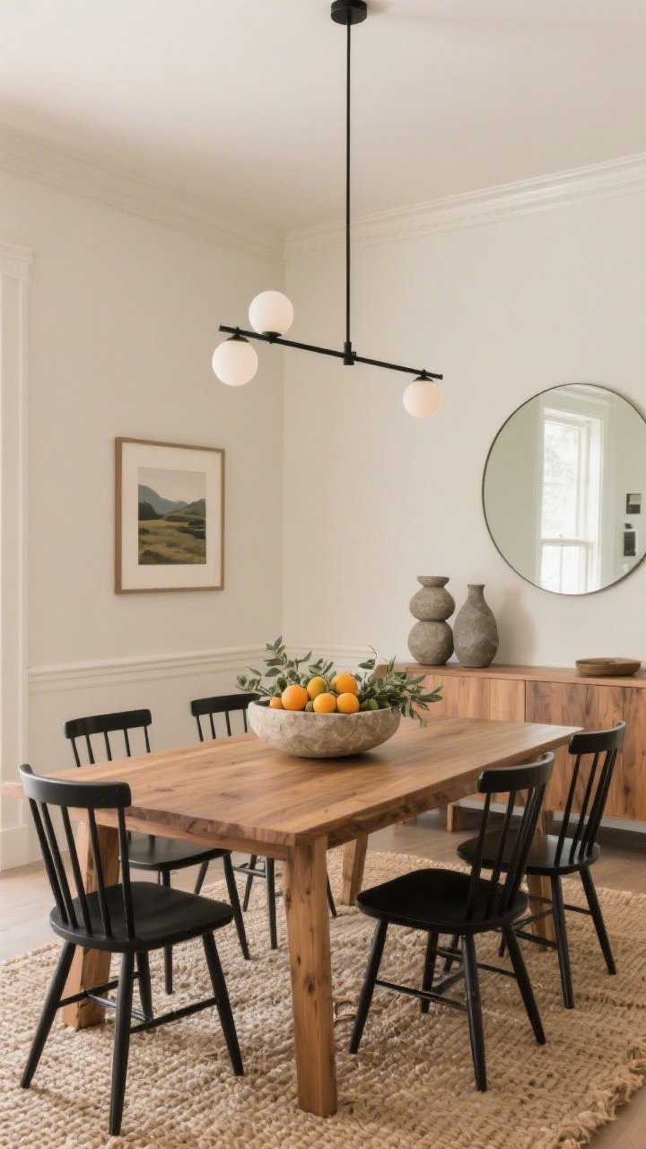 Photorealistic wide dining room shot, modern organic style: solid oak or walnut-look rectangular dining table centered on a natural jute/sisal rug; slim black spindle chairs around the table; overhead linear black chandelier with milky globes providing warm illumination; palette of honey wood, charcoal, soft black, and ecru; travertine bowl centerpiece filled with citrus and eucalyptus; soft ecru walls with simple picture-frame molding painted to match; sideboard styled with a stacked trio of stone-look vases and a framed landscape print; a large round mirror reflecting light; clean lines, earthy textures; straight-on view that captures table, chandelier, and sideboard in one frame.