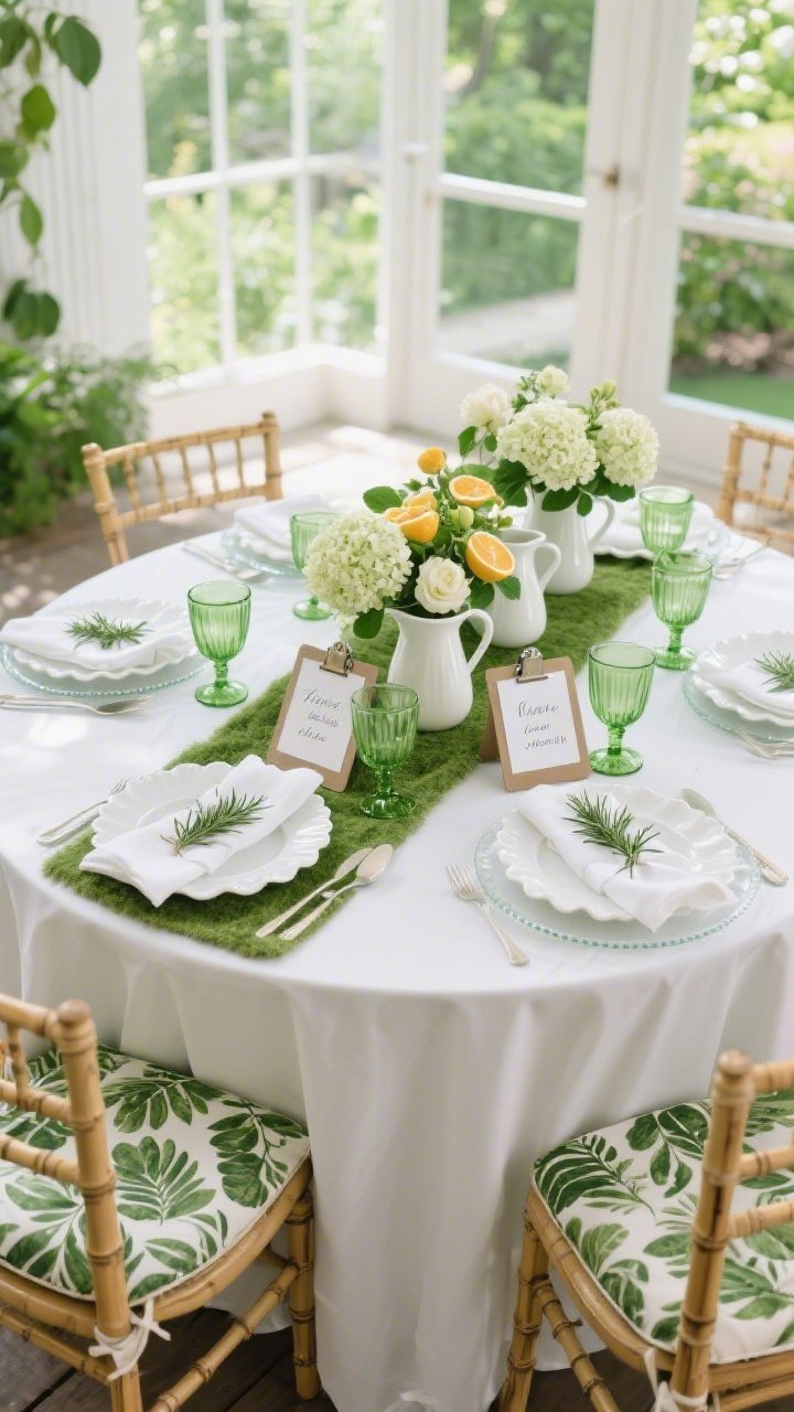 Photorealistic wide garden-party scene in fresh greens and whites: glossy white round table with bamboo-style chairs featuring leafy-print cushions. Soft moss-green runner down the center; place settings of white scalloped plates on clear glass chargers; white napkins tied with satin ribbon and fresh herb sprigs (rosemary/thyme). Center row of white ceramic pitchers filled with hydrangeas, ranunculus, and citrus leaves. Mini clipboards with hand-lettered place cards at each seat; green-tinted goblets sparkle. Bright natural daylight, crisp and cheerful, indoors near large windows or on a covered patio, no people.
