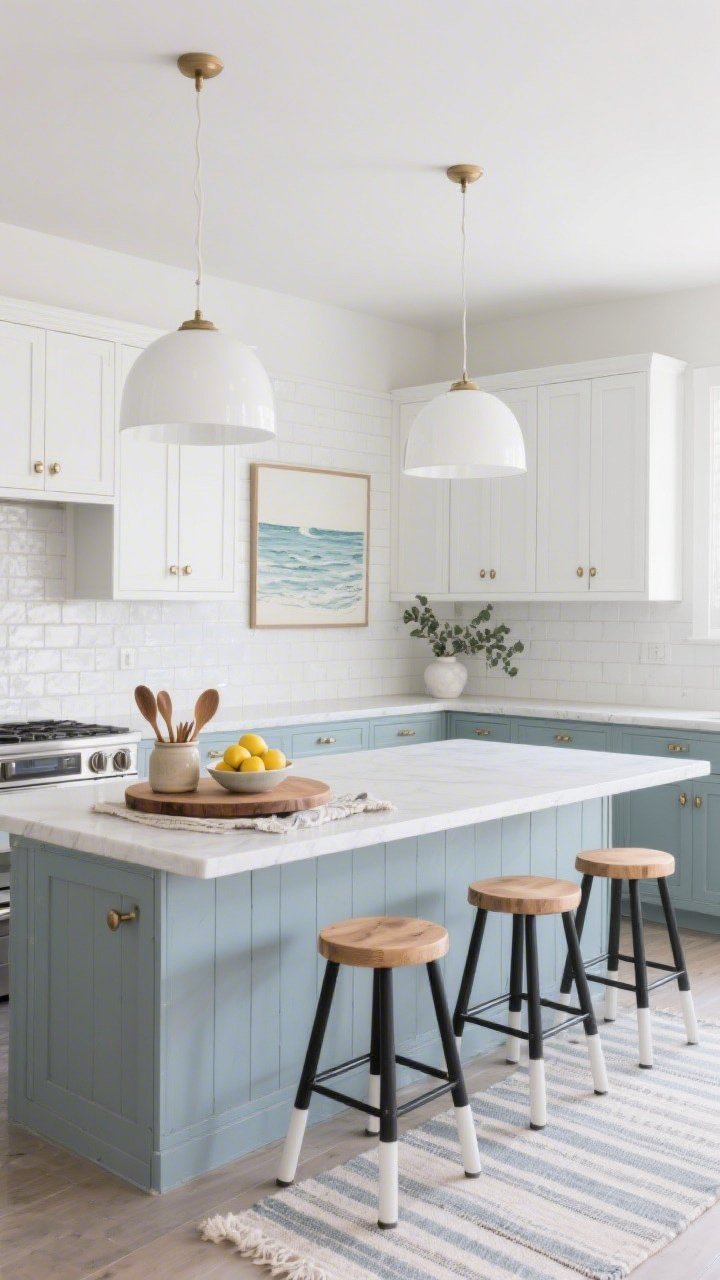 Photorealistic wide kitchen shot, coastal contemporary: soft white upper cabinets with muted blue-gray island or lower cabinets for a two-tone designer look; brushed nickel or champagne bronze pulls throughout; matte white dome pendants over the island casting even illumination; glossy handmade-look white subway tile backsplash with subtle texture; stools with natural wood seats and slim black or white bases at the island; counters styled with a round wood board, a crock of wooden spoons, and a bowl of lemons; flatweave runner in a soft coastal stripe grounding the space; a framed ocean sketch and a small vase of eucalyptus adding breezy touches; clean lines, airy vibe; straight-on perspective emphasizing symmetry and light.