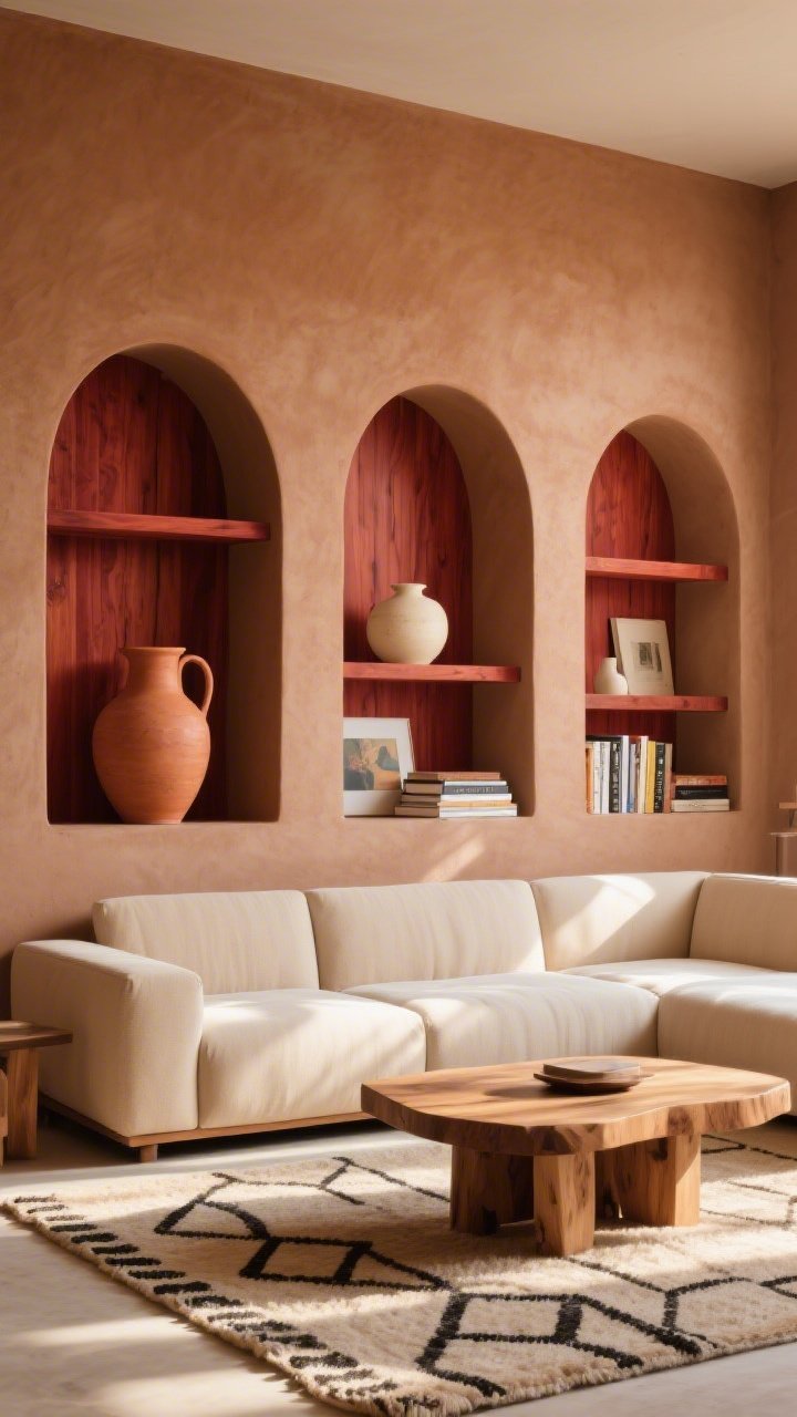 Photorealistic wide living room shot, desert-modern: three shallow arched niches carved into a clay-toned wall, each fitted with warm red cedar shelves that echo the curve; inside the niches: cream pottery, a terracotta jug, stacked art books; sand-colored sectional on a low wool rug with geometric patterns; chunky oak coffee table; sunlight streaming to create a late-afternoon glow; palette clay, sand, cedar, cream; captured straight-on to emphasize repeated arches and contrast between smooth pottery and cedar grain.