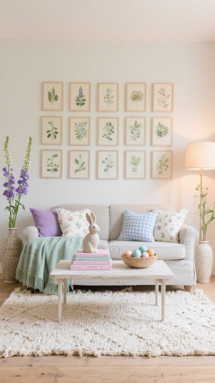 Photorealistic wide living room shot, straight-on perspective: sofa draped in a mint throw, piled with cushions in lavender, periwinkle, and cream featuring tiny gingham and ditsy floral prints; wall behind shows a loose, evenly spaced grid of botanical prints in pale wood frames; flanking the sofa are two slender floor vases with tall foxgloves or delphiniums for vertical drama; coffee table styled with stacked pastel coffee table books, a ceramic bunny, and a bowl of dyed eggs; flatwoven ivory jute rug grounding the scene; warm shaded lamp casting gentle, glowy lighting to flatter skin tones; pastoral, serene mood.