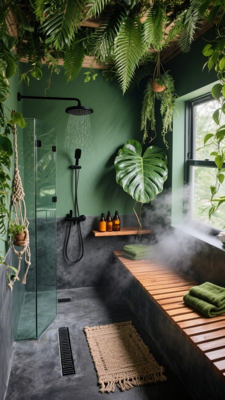 Photorealistic wide overhead-angled shot, Jungle Boho Wet Room Escape: seamless charcoal micro-cement floor flowing into a curbless shower with a linear drain; frameless glass panel; long built-in bench topped with warm teak slats; deep jungle green walls; ceiling canopy of ferns and trailing philodendron, with a large fiddle-leaf fig near a window; matte black rain head from above and minimalist black hardware; teak shelf holding amber apothecary bottles; moss-colored towels, natural fiber bath mat, macramé plant hangers; steamy, humid ambiance with diffused natural light.