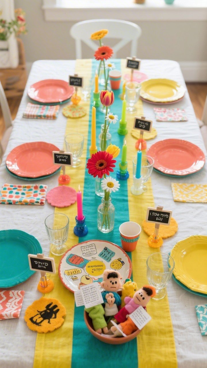 Photorealistic wide overhead shot of a Family-Centered Color Pop Seder table: white or pale gray tablecloth as a clean canvas; layered runners in coral, teal, and sunny yellow; mismatched bright ceramic plates with similar silhouettes; tactile accents—felt coasters, patterned napkins, playful acrylic napkin rings; kid-friendly Seder plate with illustrated labels and small covered cups; centerpiece line of low rainbow glass bud vases each with a single stem (gerberas, tulips, daisies); short colorful tapers in mixed holders placed safely apart; interactive touches: bowl of plague-themed finger puppets or trivia cards at each setting; mini chalkboards clipped to glasses for names; bright, cheerful daytime lighting; festive, participatory mood; no people.