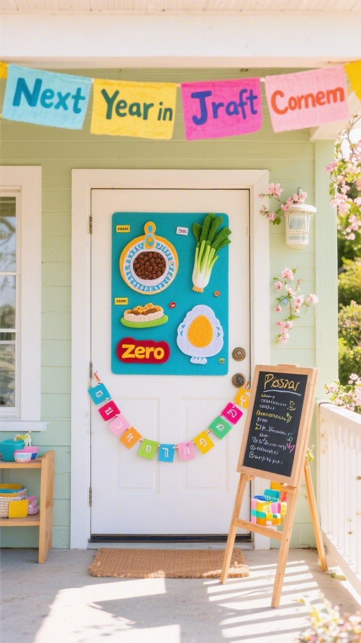 Photorealistic wide, playful straight-on shot titled “Family-Friendly Craft Corner”: a door fitted with a magnetic panel hosting oversized felt/foam Seder symbols (maror, charoset, karpas, zeroa, beitzah, chazeret) with visible magnet backs; a colorful DIY paper-link counting chain draped along the frame for kids to tear off daily; a bold hand-lettered banner across the top reading “Next Year in Jerusalem” in chunky marker style; a small chalkboard easel by the door with Passover trivia; bright, even daylight; color palette mixes primary brights with pastel spring tones; tidy porch, no people.