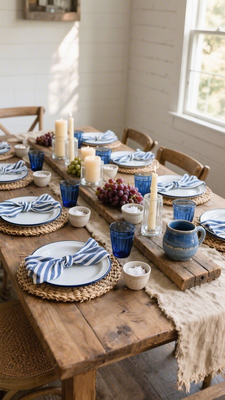 Photorealistic wide room shot from a corner perspective of a rustic modern farmhouse table with blue accents: a bare wood table with a nubby oatmeal runner, white enamelware plates with navy trim atop woven rattan chargers. Stripey blue napkins are knotted and set over the plates. Down the center, a long reclaimed wood board holds pillar candles in hurricane sleeves, small ceramic ramekins of salt, and clusters of grapes for abundance. A hand-thrown ceramic Kiddush cup in denim glaze and blue glass water tumblers echo the navy accents. Palette: natural wood, oatmeal, navy, crisp white. Warm late-afternoon natural light through a window; no people.