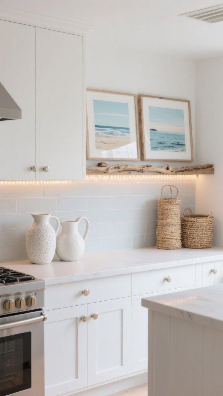 Photorealistic wide room shot of a modern coastal kitchen with matte white cabinets and a pale gray backsplash, captured straight-on. The gap above the cabinets is styled like a curated gallery shelf with driftwood-toned picture ledges holding oversized framed coastal prints in soft blues and sandy neutrals. Layer in white textured ceramics: stoneware pitchers and hand-thrown vases, plus a couple of woven baskets for height. Discreet warm LED strip lighting runs along the ledge, casting a soft glow on the art and objects. Color story: white, oat, misty blue, warm natural wood. Hardware: brushed nickel or soft brass. Bright daylight balanced with the warm LEDs, clean and airy, uncluttered, expensive and effortless.