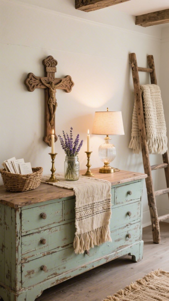 Photorealistic wide room shot of a rustic farmhouse altar on a distressed wood sideboard or vintage dresser; hand-loomed oatmeal runner; antique brass candleholders with soft taper candles; a carved wooden cross; a mason jar filled with lavender or dried wheat; a basket of prayer cards; nearby, a wooden ladder with a knit throw draped casually; palette of cream, weathered oak, soft sage, and aged brass; a low, frosted glass lamp casting warm evening light; cozy, timeworn textures and welcoming atmosphere.