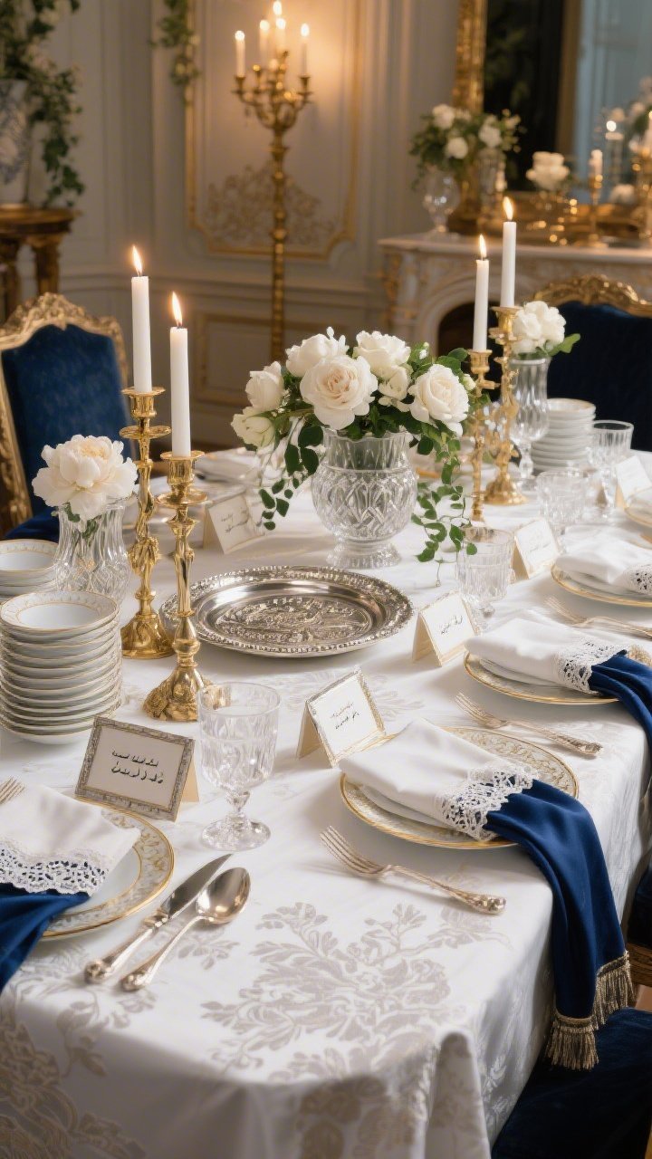 Photorealistic wide room shot of an Old-World European Elegance Seder table: crisp white damask cloth, hand-embroidered napkins with delicate lace edging; palette of ivory, soft gold, muted sapphire; vintage crystal stemware sparkling beside ornate silver flatware; stacks of fine white china with gold rims on mirrored chargers; tall cut-glass vases brimming with white peonies, garden roses, trailing ivy; gold candelabras with antique white tapers glowing warmly; a filigree silver Seder plate with etched crystal bowls; individual calligraphed place cards in miniature silver frames; deep blue velvet ribbon around each napkin; candlelit evening ambience with gentle reflections, Parisian-apartment glam; straight-on perspective; no people.