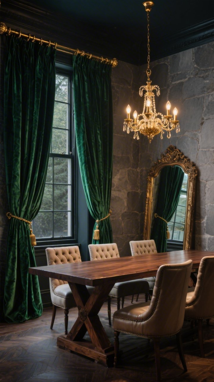 Photorealistic wide room shot of an old-world glam dining room: floor-to-ceiling deep emerald velvet curtains with rich ripples against stone-gray walls, lit by the warm glow of a vintage-inspired brass chandelier; chunky antique brass curtain rod with decorative finials and velvet tiebacks framing a tall window; a rich walnut trestle table centered with tufted leather end chairs and soft linen side chairs; an oversized antique mirror leaning on the wall reflecting the sheen of the velvet and making the room feel taller; palette of emerald, walnut, gray, and aged brass; moody, club-like atmosphere, evening ambient lighting, no people