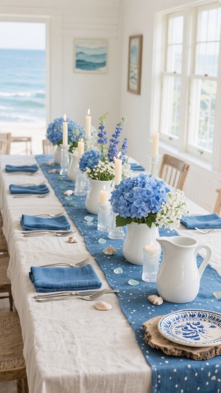 Photorealistic wide room shot of “Coastal Breeze in Blue and Linen”: natural linen tablecloth with a French blue runner, speckled stoneware in soft white, cobalt napkins for contrast, brushed nickel/pewter flatware. Center line of white ceramic pitchers brimming with blue hydrangeas, delphinium, and airy baby’s breath. Subtle sea-glass accents and tiny shells scattered along the runner. Short pillar candles in frosted holders glowing gently without glare. Hand-painted watercolor-blues Seder plate set on a driftwood slab. Airy, breezy coastal light from side windows, crisp and relaxed.