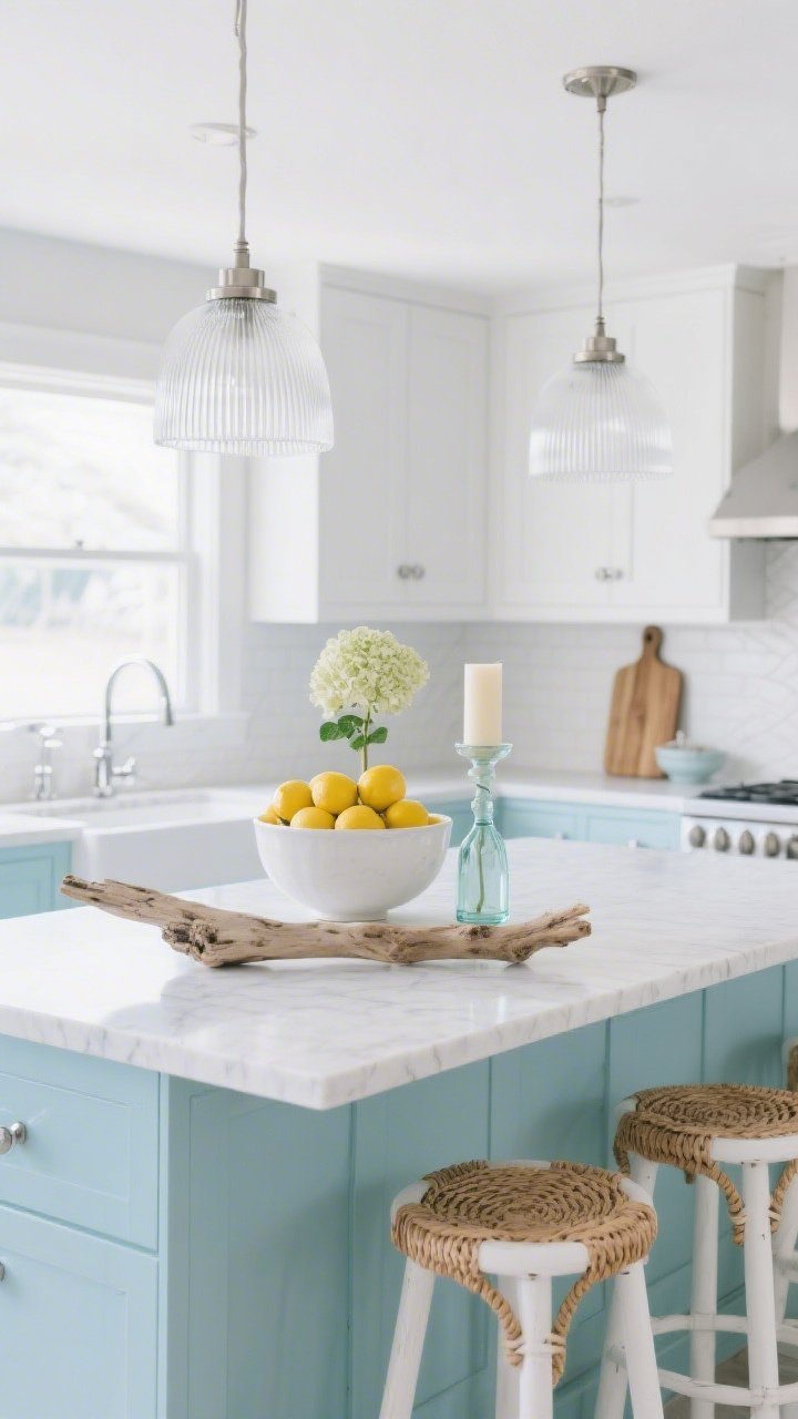 Photorealistic wide room shot of “The Coastal Calm Showcase”: an airy, tonal kitchen with a soft seaglass blue island base and crisp white quartz top. Center styling: a large white ceramic bowl filled with lemons next to a narrow glass hurricane holding a tall pillar candle; a piece of driftwood serving board with a tiny sea-glass bottle and single hydrangea stem. Ribbed glass pendants with brushed nickel caps hang overhead, whitewashed stools with rope-wrapped or rattan seats line the island, polished nickel/chrome accents throughout. Lots of negative space, pale blues, foggy grays, and white; bright, beachy natural light; no clutter, no people.