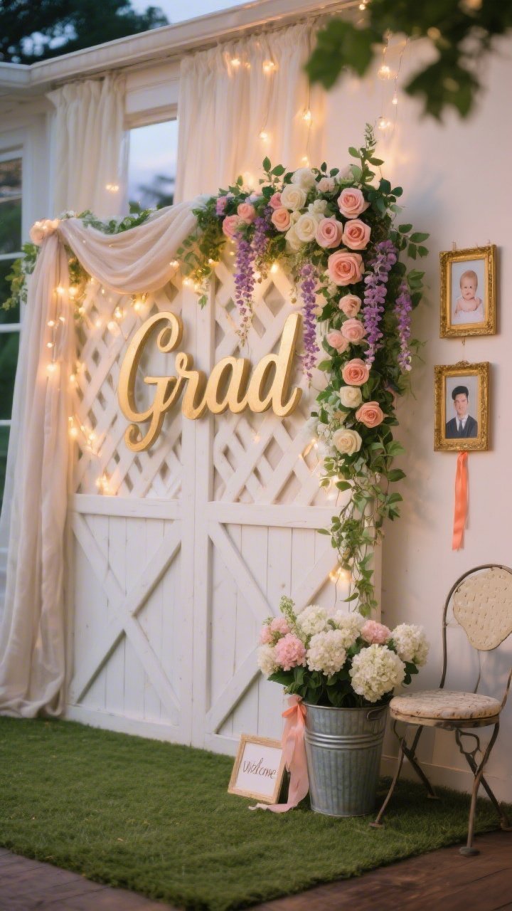 Photorealistic wide shot at a slight corner angle: a white wooden lattice panel backdrop set in front of a soft linen curtain; cascading floral swag draped across the top and down the right side with faux climbing roses, wisteria, and ivy; color palette blush, cream, and sage with subtle coral accents; a brushed gold script “Grad” sign centered on the lattice; warm fairy lights woven through the greenery for a twilight sparkle; flooring of faux grass rug; vintage bistro chair to one side; galvanized buckets overflowing with hydrangeas; gold picture frames with baby photos and senior portraits hung by ribbon; small welcome sign; soft, natural evening light filtering through, dreamy and romantic.