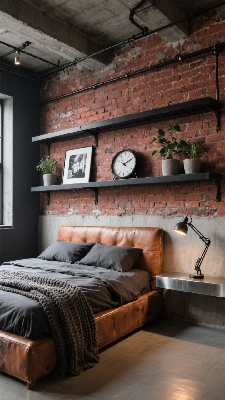 Photorealistic wide shot from a low angle in an industrial loft bedroom: exposed brick wall behind the bed with matte black rail-style shelves securely anchored; cognac leather bed with slight wear, dressed in charcoal linen sheets and a chunky knit throw; shelves styled with bold black-and-white photography, a vintage clock, and hardy plants in concrete pots; a factory task lamp clamped to one shelf; a narrow steel console doubling as a nightstand under the lowest ledge; raw, urban lighting with directional highlights and gentle shadows; palette of brick red, black, cognac, and concrete gray; edgy, editorial mood; no people.