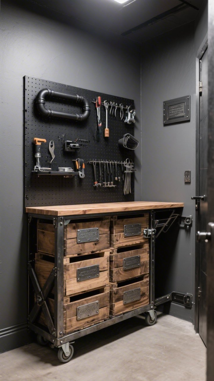 Photorealistic wide shot from a low corner angle of an industrial maker’s nook closet: charcoal gray walls, matte-black pegboard with black pipe hardware and tools, and a fold-down butcher block work surface on heavy-duty hinges. The focal point is a stained-wood crate wall on a low-profile rolling base pulled slightly out—crates nested in a steel frame with a toe-kick latch. Embossed metal label tags on crates; rugged textures, raw workshop vibe, soft directional task lighting emphasizing wood grain and metal.