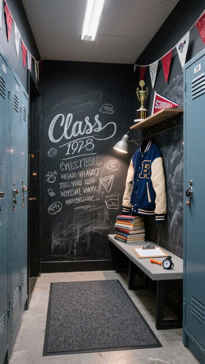Photorealistic wide shot, hallway-inspired corner angle: a deep charcoal chalkboard wall backdrop covered with bold white hand-lettered script showing class year, a favorite quote, and playful doodles, with intentional chalk smudging; flanking either side are DIY lockers made from painted wardrobe boxes with cutout vents and magnetic number plates; a letterman jacket draped over one locker corner; stacked textbooks with a pennant flag on top; school-color bunting stringing across the top; a small trophy shelf and a clip-on task light casting dramatic highlights; industrial-style floor mat/gray carpet tiles; clipboard guest sign-in, faux hall pass, whistle and stopwatch arranged on a minimal bench; bright but directional lighting for a polished, nostalgic vibe.