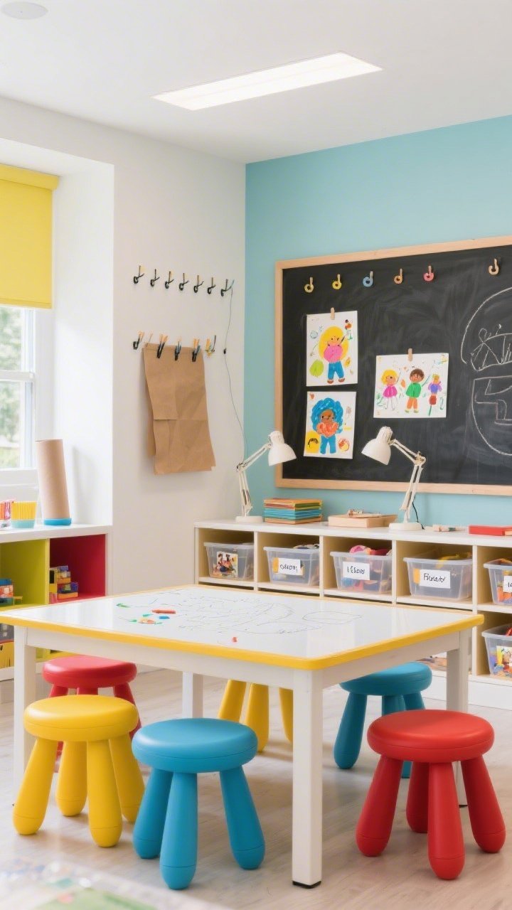 Photorealistic wide shot of a Bright Craft Classroom for Kids: wipe-clean table centered with primary-colored stools (sunshine yellow, sky blue, cherry red) around it; low open cubbies filled with clear bins that have picture labels; chalkboard wall showcasing kid art; easy-reach hooks along the wall; art drying rack, roll of kraft paper, and clip-on lamps in view; cheerful, even lighting with white accents; playful and practical.