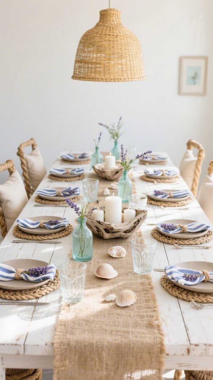 Photorealistic wide shot of a coastal calm dining scene in natural light: whitewashed reclaimed wood table with rope-wrapped dining chairs featuring oatmeal cushions. A jute runner runs lengthwise; sea-glass bud vases in pale aqua and sage scatter down the center. Place settings: sandy taupe stoneware plates on woven water hyacinth chargers, striped blue-and-white napkins tied with twine and tucked with dried lavender. Centerpiece is a long driftwood bowl filled with white pillar candles and shells. Overhead woven rattan pendant provides a soft golden glow; clear slightly rippled tumblers catch sunbeams. Airy, breezy atmosphere, no people.