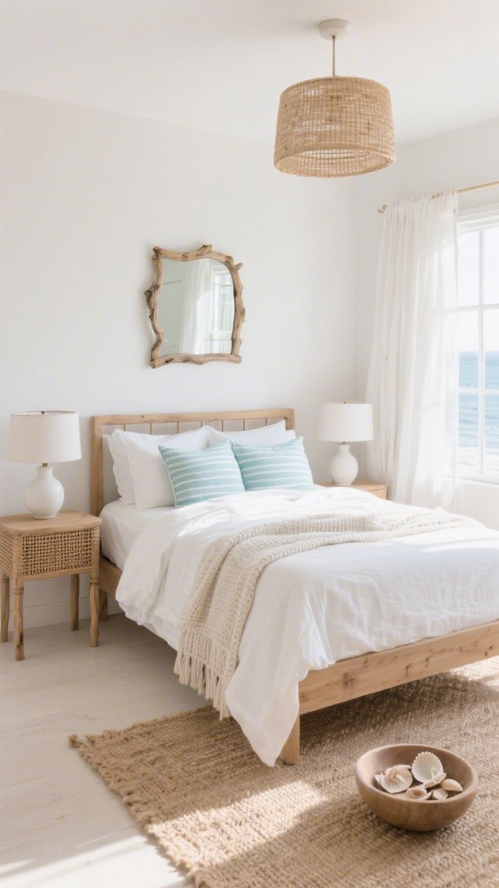 Photorealistic wide shot of a Coastal Linen Retreat bedroom: natural oak bed with crisp white linen sheets and a gauzy linen duvet, layered with pale sea-glass blue striped pillows and a soft knit throw; warm matte white walls, sheer white curtains billowing at open windows; woven rattan slim nightstands topped with chalky white ceramic lamps; simple linen drum shade ceiling light; driftwood-framed mirror, a shallow bowl of shells on a nightstand; soft jute rug underfoot; palette of soft whites, sandy beiges, and sea-glass blues; bright natural morning light, breezy coastal mood, uncluttered styling.