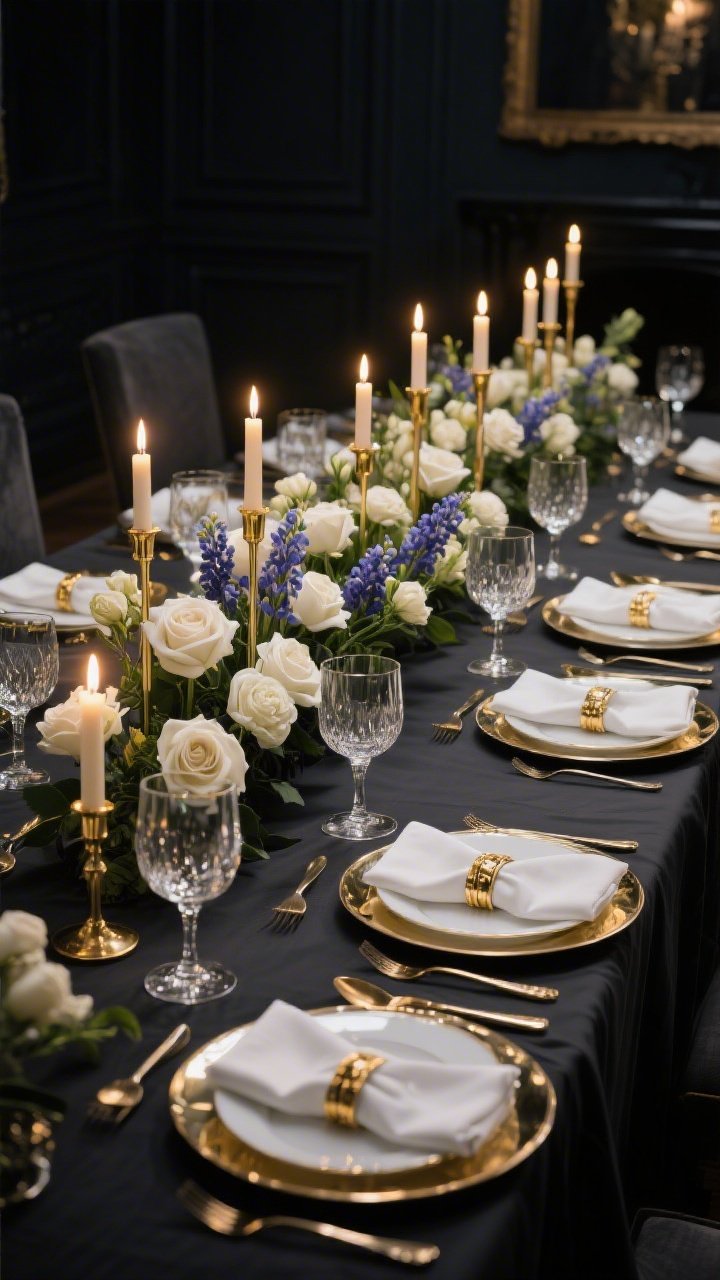 Photorealistic wide shot of a formal dining table set for an evening Easter dinner with dramatic lighting: moody charcoal tablecloth, fine white porcelain edged in gold atop mirror chargers reflecting candlelight; crystal stemware sparkling; centerpiece composed of multiple gold taper holders and a long, low arrangement of white roses, hyacinths, and ranunculus; neatly folded white napkins with gold napkin rings; overall glamorous, black-tie mood with warm candle glows and deep shadows; no people.