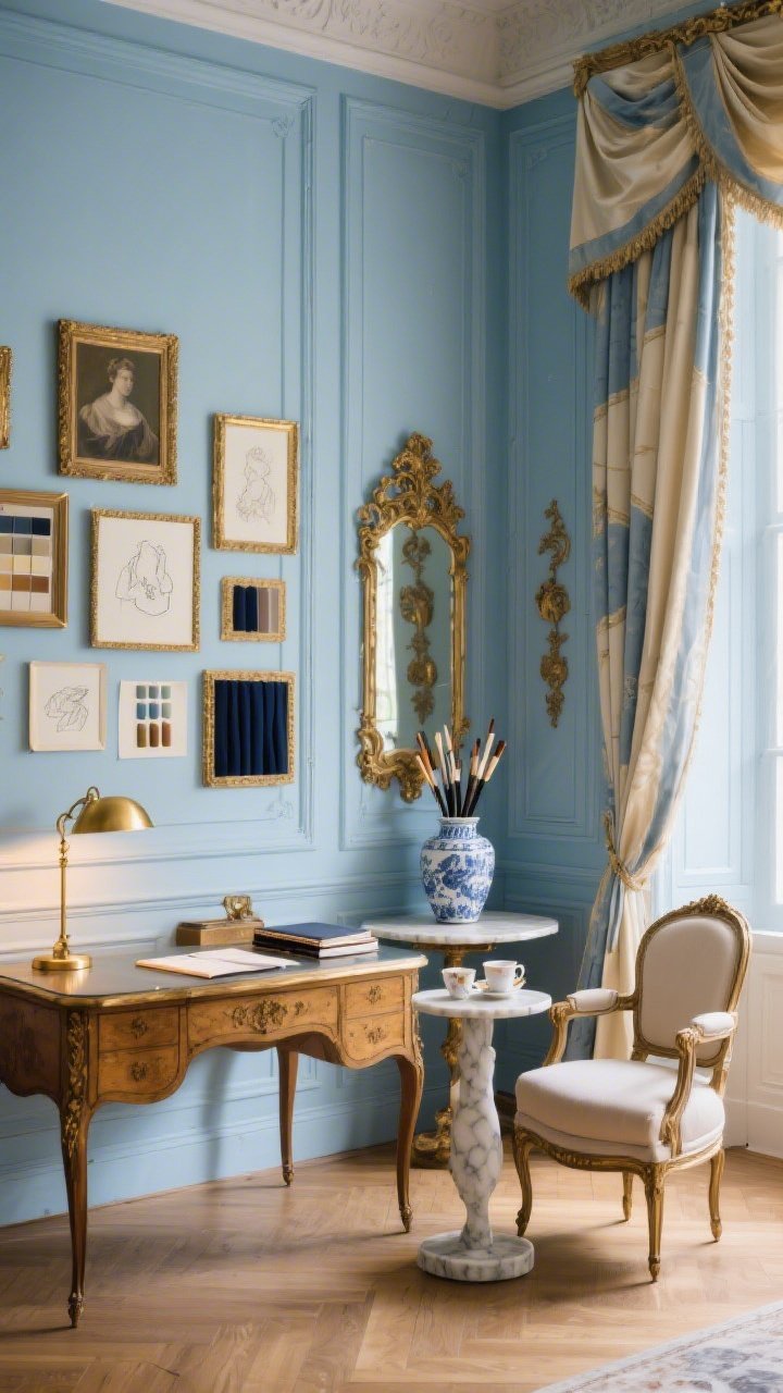 Photorealistic wide shot of a French-Inspired Salon des Arts: pale blue paneled walls, antique writing desk centered with brass picture lights washing warm light over the work surface; a Louis-style cushioned chair and marble-topped side table holding tea and sketchbooks; gilded frames on the wall with swatches and sketches; carved mirror and silk drapes framing the scene; porcelain vase with brushes; palette of French blue, cream, gold, and inky navy accents; elegant, romantic ambiance.